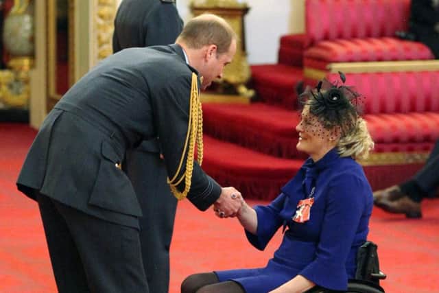 Fundraiser Claire Lomas from Melton Mowbray is made an MBE (Member of the Order of the British Empire) by the Duke of Cambridge at Buckingham Palace. PRESS ASSOCIATION Photo. Picture date: Tuesday February 28, 2017. See PA story ROYAL Investiture. Photo credit should read: Jonathan Brady/PA Wire EMN-170228-180214001