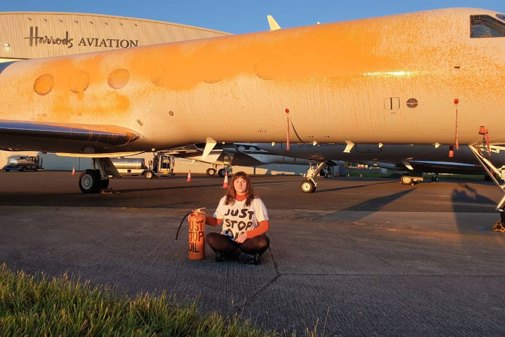 Just Stop Oil protesters have targeted multiple private jets at an airfield in Stansted after Taylor Swift landed her own private plane just hours before. (Credit: Just Stop Oil)