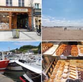 Normandy - clockwise from top left: a bookshop in Caen; a Normandy beach; a cake shop in Bayeux; colourful boats at Port en Bessin Pictures: Phil Smith