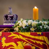 The Imperial State Crown upon the coffin carrying Queen Elizabeth II in Westminster Hall for the Lying-in State 