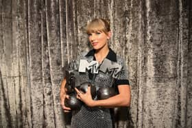 Taylor Swift is seen backstage with the Best Artist, Best Video, Best Pop and Best Longform Video Awards during the Best MTV Europe Music Awards 2022