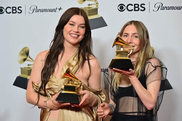 Wet Leg pose with the awards for Best Alternative Music Performance and Best Alternative Music Album at the GRAMMYs (Photo: FREDERIC J. BROWN/AFP via Getty Images)