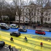 The Ukraine flag painted on the road outside the Russian Embassy in London (Photo: Led by Donkeys)