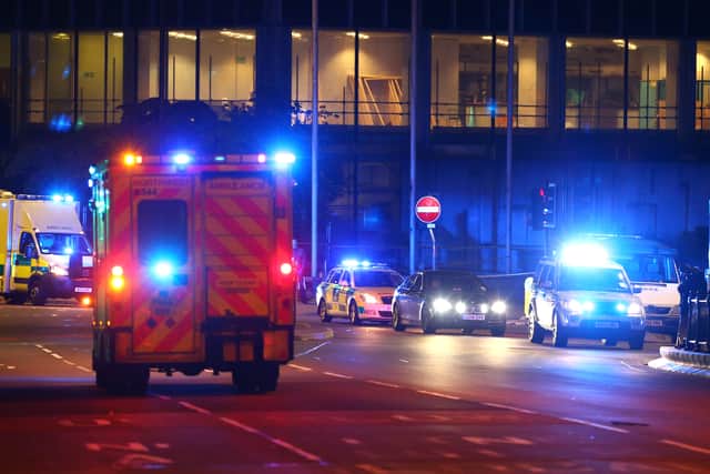 Emergency services arrive close to the Manchester Arena on May 23, 2017. (Photo by Dave Thompson/Getty Images)