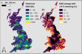 Maps show historical expected annual flood damage (EAD) in GBP billion at 2020 values, and calculated EAD percentage increase with 1.8 degrees global warming. (Credit: University of Bristol and Fathom)