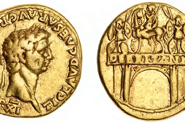 i. The gold aureus celebrating the conquest in AD 43 was uncovered among the ruins of a suburb five kilometres north of the archaeological site in southern Italy’s Campania region.
