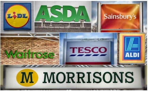 In this composite image, the logos of the UK's leading supermarkets (Left to right from top row) Lidl, Asda, Sainsbury's (Middle row left to right) Waitrose, Tesco and Aldi and bottom row Morrisons, are displayed outside various branches (Getty Images)