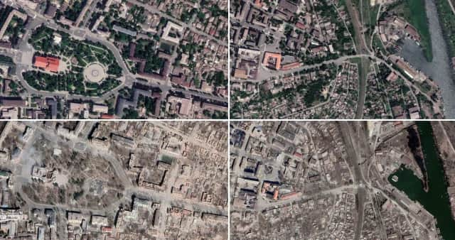 Satellite imagery shows the once flourishing city turned into a wasteland, with landmark buildings reduced to rubble.