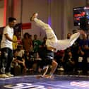 B-Boy Gravity, also known as Miguel Rosario, competes in the Semifinal battle against B-Boy Tahu during the Breaking For Gold USA regional competition at Industria on April 22