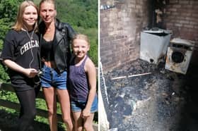 Kelly Feaviour and her daughters, and the burned-out tumble dryer Picture SWNS 