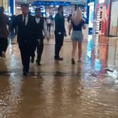 Water was seen gushing from the ceiling of shop after it partially collapsed due to heavy rain.
