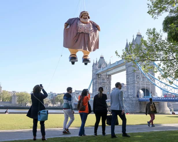 Harry Potter's Aunt Marge floats past the iconic London Tower Bridge to mark the launch of the new Return to Azkaban feature at Warner Bros. Studio Tour London - The Making of Harry Potter.