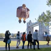 Harry Potter's Aunt Marge floats past the iconic London Tower Bridge to mark the launch of the new Return to Azkaban feature at Warner Bros. Studio Tour London - The Making of Harry Potter.
