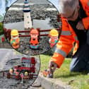 Tim Webb, 66, is trying to highlight the pothole issue - by photographing toys at some of the 'greatest' pothole sites in his local area.