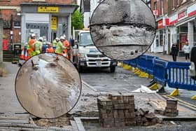 Pavements were torn up and parts of the road surface was washed away after over 40mm of rain fell in just an hour, in Ross-on-Wye, Herefordshire.