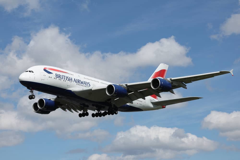 A British Airways Airbus-A380-841 comes in to land at Heathrow Airport in April 2024.
