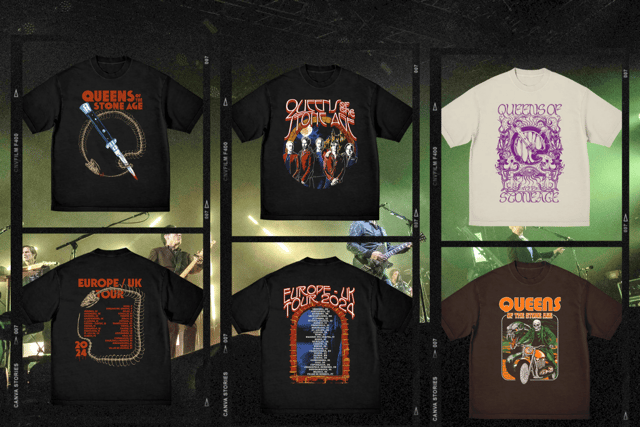 Some of the T-shirts that have been for sale during Queens of the Stone Age's European tour so far. Could one of these be available at the merch tents at Download Festival 2024? (Credit: Getty/Queens of the Stone Age)