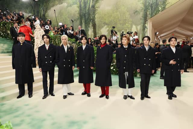  (L-R) Bang Chan, Han, Felix, Seungmin, I.N, Hyunjin, and Changbin Lee Know of Stray Kids attend The 2024 Met Gala Celebrating "Sleeping Beauties: Reawakening Fashion" at The Metropolitan Museum of Art on May 06, 2024 in New York City. (Photo by Dia Dipasupil/Getty Images)