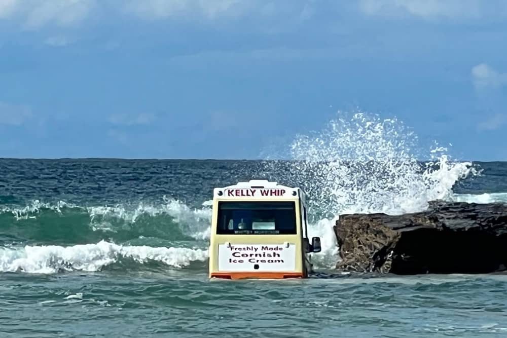 An ice cream van that has been washed out to sea, Harlyn Bay beach, North Cornwall. Images were captured of the incident at around 4pm by holidaymaker Abi Fisk, who runs Vintage Mary store. 