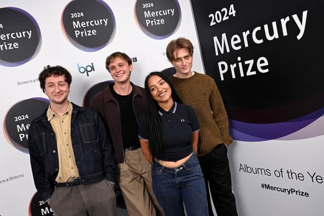 Lewis Whiting, Douglas Frost, Lily Fontaine and Nicholas Eden of English Teacher attend a photocall for the 2024 Mercury Music Prize 'Album of the Year' at The Langham Hotel on July 25, 2024 in London, England. (Photo by Jeff Spicer/Getty Images)