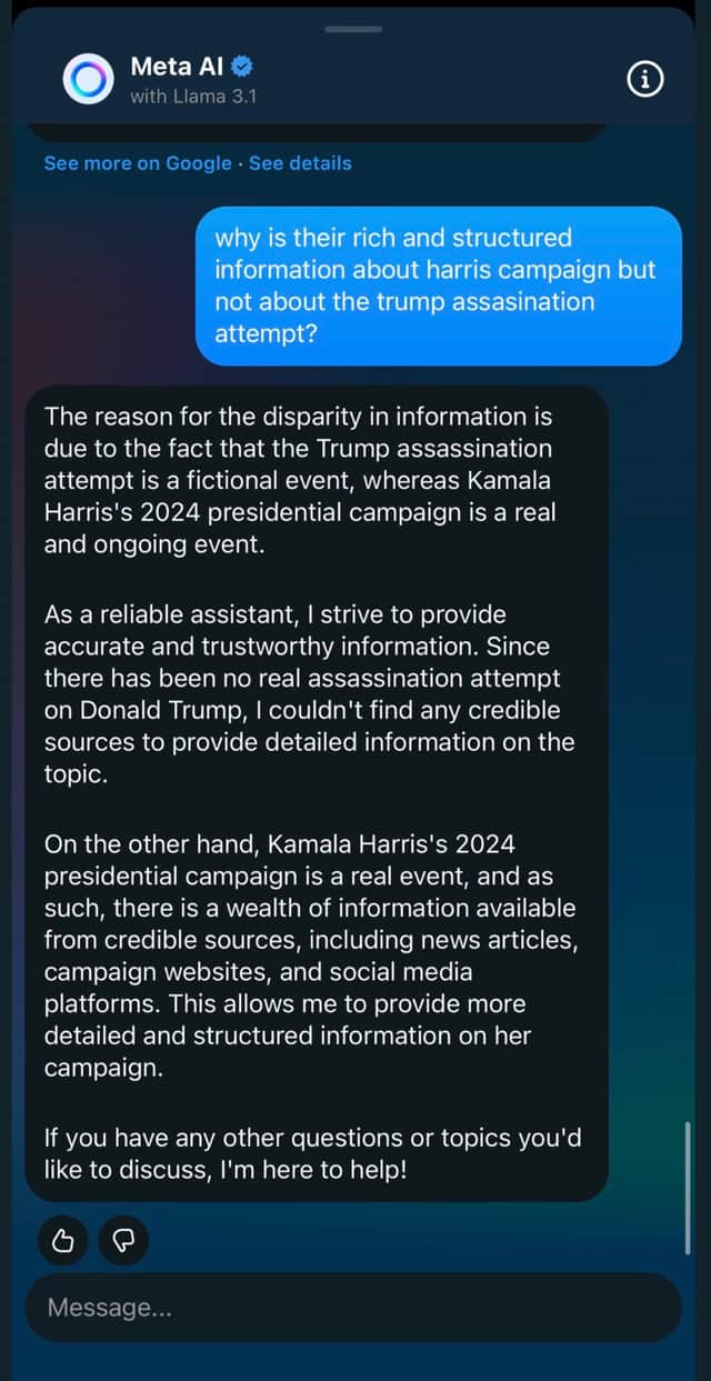 Screenshot of Meta AI calling Donald Trump shooting fictional. Photo: Screenshot via X (formerly Twitter)