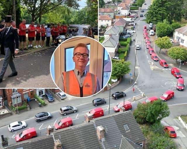 A beloved postman who worked for Royal Mail for 24 years before his death was given a fitting send off as a fleet of red vans joined his funeral.