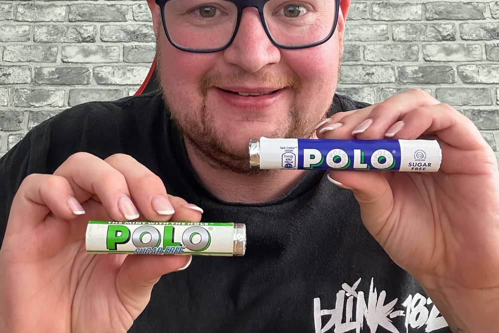 John Junior with The Sugar Free Polo Mints (green and white) from 1997 and a modern day packet of Sugar Free Polo Mints. 