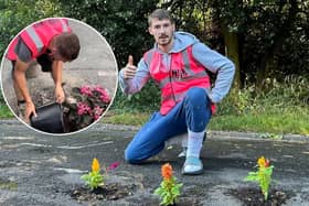 West Sussex landscaper Harry Smith-Haggett, 22, has been filling in Horsham's potholes with flowers dubbed 'pretty potholes'. 