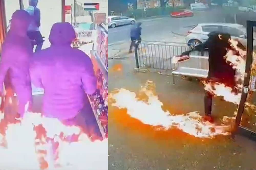 Arsonists set themselves alight trying to torch shop.