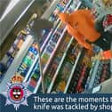 Moment brave shopkeeper fends off armed robber with a mop.