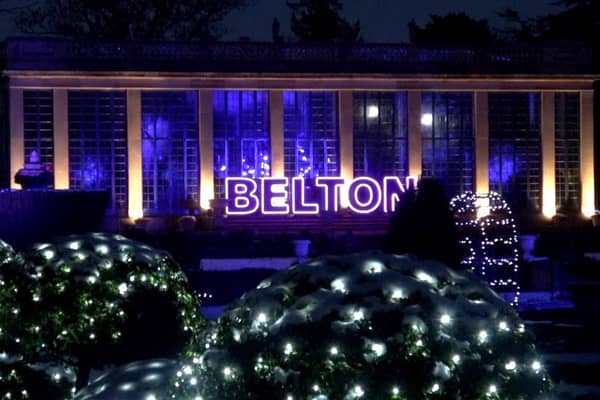 A huge lit Belton sign outside The Orangery welcomes visitors to Christmas At Belton 2024