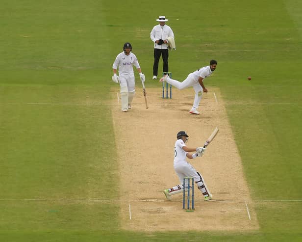 Joe Root of England scoops Shardul Thakur of India for six  during Day Five of the Fifth LV=Insurance Test Match at Edgbaston on July 05, 2022 in Birmingham, England.