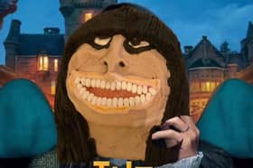Claudia Winkleman, host of The Traitors, caricature cake by Keith Scovell. 