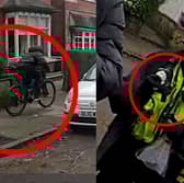 Man with a knife is chased down by police officer on a bike.