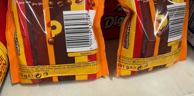 Supermarket mistakenly places new lighter chocolate grab bags alongside current heavier bags - despite costing the same amount.