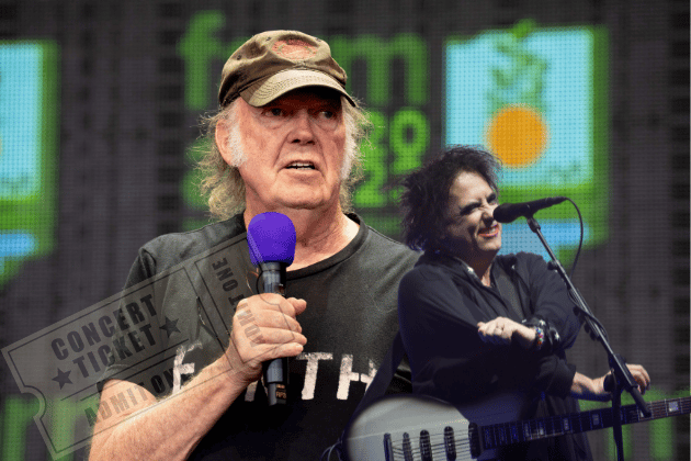 Neil Young has revealed there will be no platinum ticket sales for his upcoming tour, drawing inspiration from The Cure's Robert Smith (right)