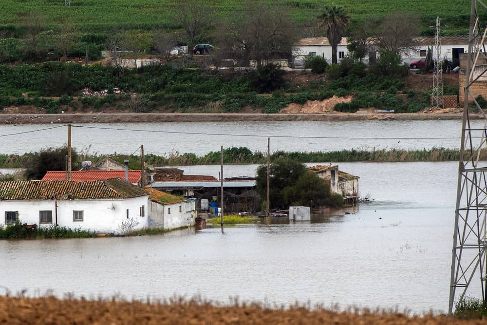 Houses in the middle of a flooded area after Storm Laurence passed through El Palmar de Troya in southern Spain, before Martinho swept in.