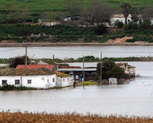 Houses in the middle of a flooded area after Storm Laurence passed through El Palmar de Troya in southern Spain, before Martinho swept in.