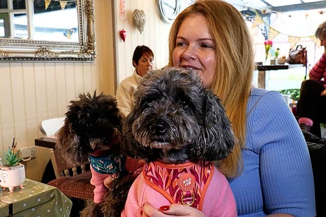 Bijou customer Emma with her dogs, Lola and Diana