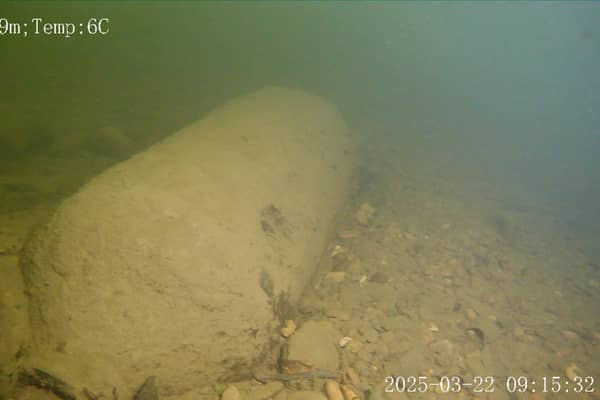 The WW2 bomb found by Adam Makewell and his son Cameron Makewell in the River Ure in Yorkshire.