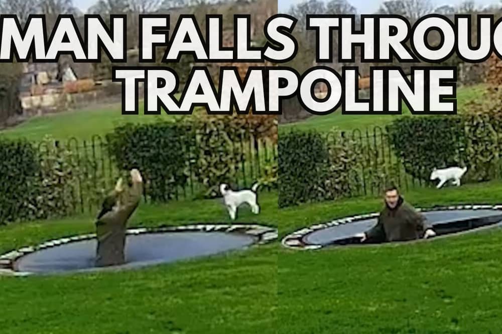 Photos of a man falling through a trampoline