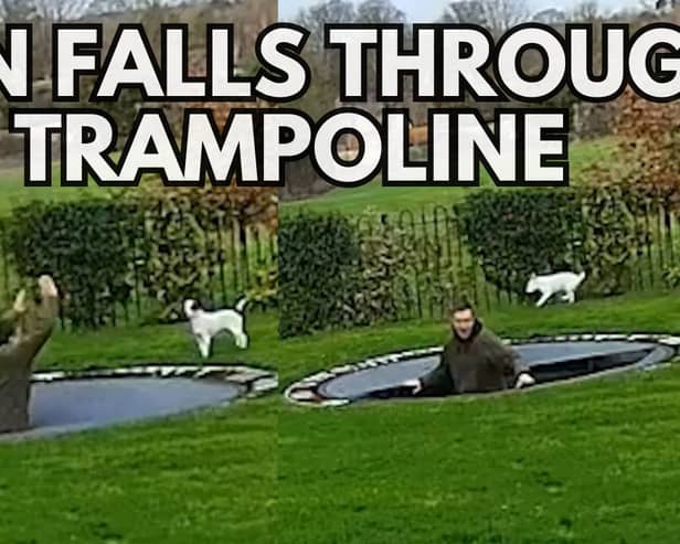Photos of a man falling through a trampoline