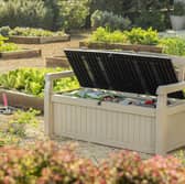 The Keter Eden storage bench can  hold 265 litres of garden goods