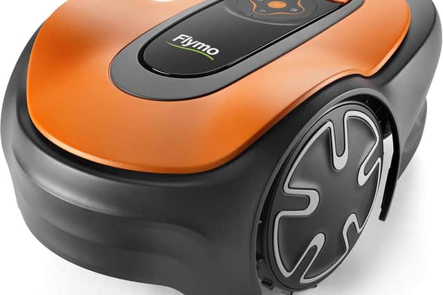 Flymo EasiLife 150 GO compact robotic mower in orange and grey