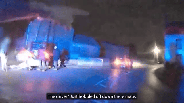 A screen grab shows body worn footage of the crash, as a passer-by tells police which direction Crocker had run off.