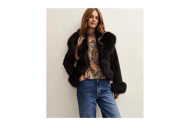 Black Faux Suede Fur Trimmed Jacket