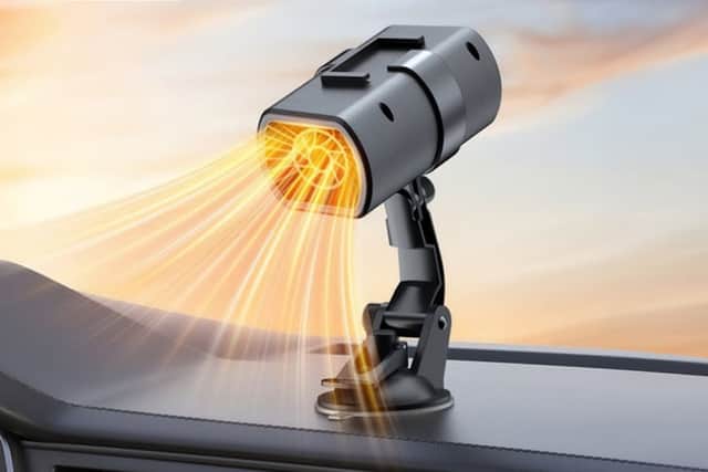 The heater mounts on your dashboard with either a sticky pad or a suction cup