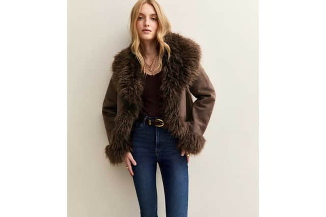 New Look’s brown faux suede fur trimmed jacket 