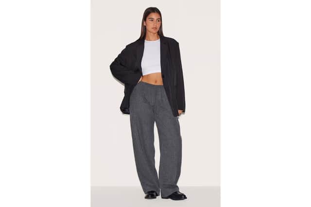 Charcoal Textured Low Rise Drawstring Straight Leg Trousers
