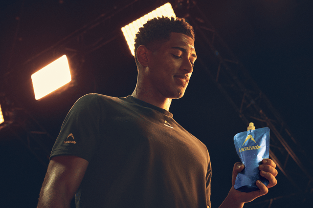England midfielder Jude Bellingham with Lucozade Elite, a new high-carbohydrate fuelling pouch developed exclusively for England teams